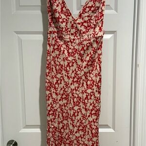 Free People Red and Cream Floral Deep Vneck Oh La La Midi Dress